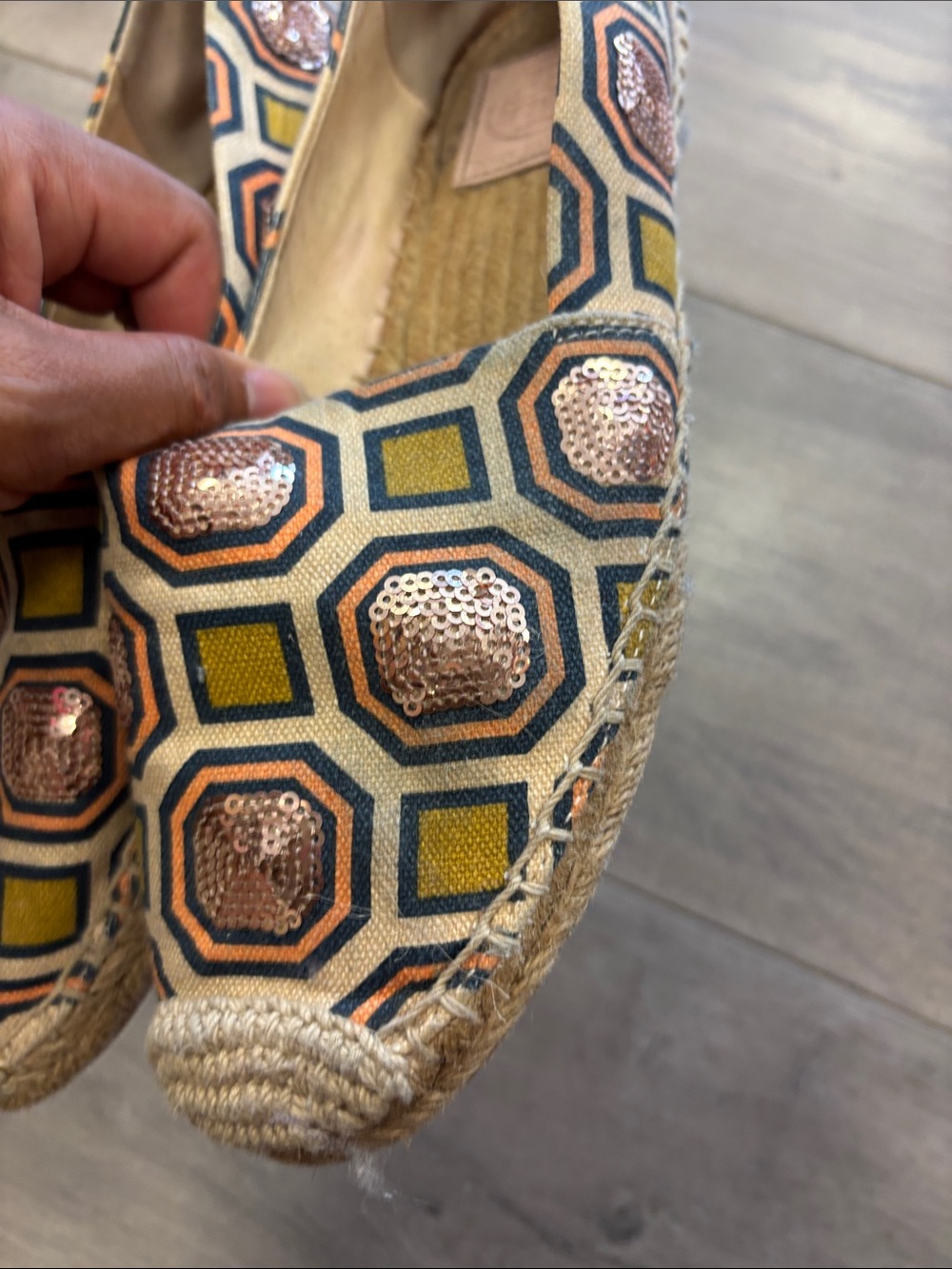 Geometric Espadrille Slip-Ons in Navy and Tan - Picture 8 of 8